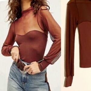 Free People Mesh Long Sleeve - Brown - Sz Small